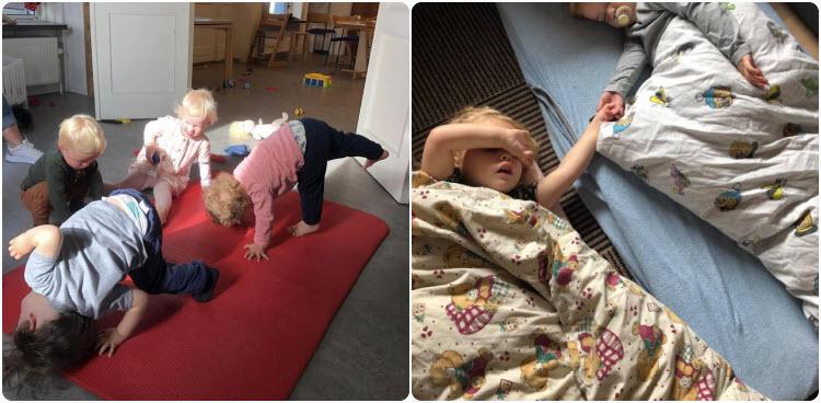 Collage med to billeder: På det ene leger fire børn på en måtte og på det andet sover to børn med hinanden i hånden.